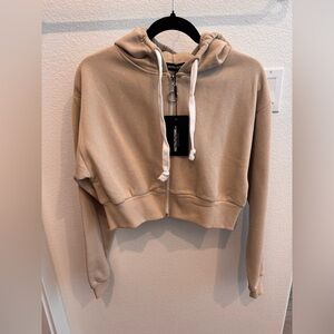 PrettyLittleThing Beige Cropped Zip Hoodie with White Drawstrings
